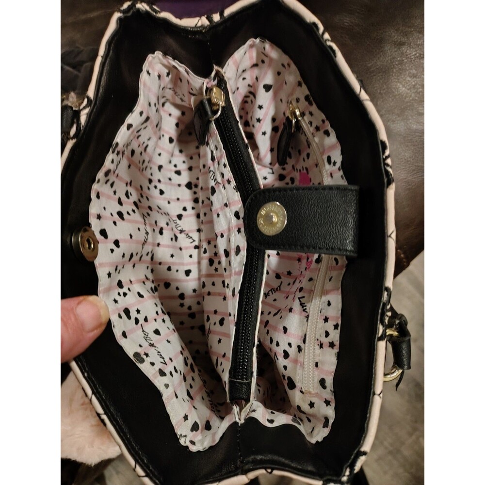 Luv Betsey White Quilted Bow Top Handle Bag with Black Handles, Pom Pom Charm - Picture 4 of 6